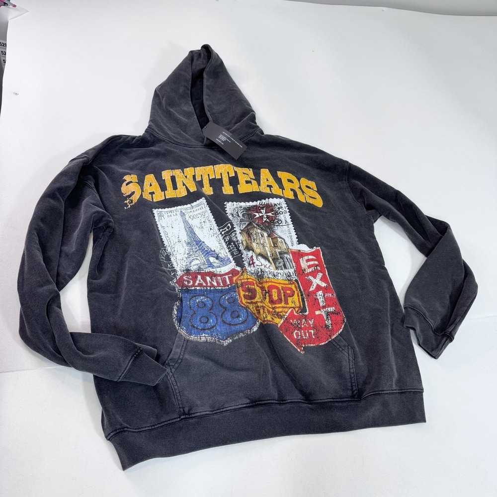 Saint Tears Hoodie Mens Large Black Distressed Graphic Pullover Streetwear